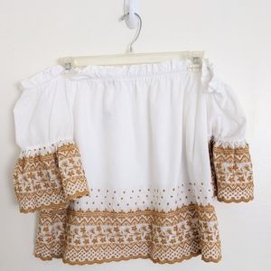 Charlotte Russe White Off Shoulder Blouse with Yellow Embroidery